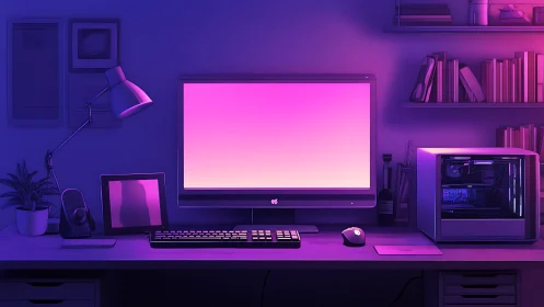 Neon-lit desktop sanctuary glowing in electric dusk hues.