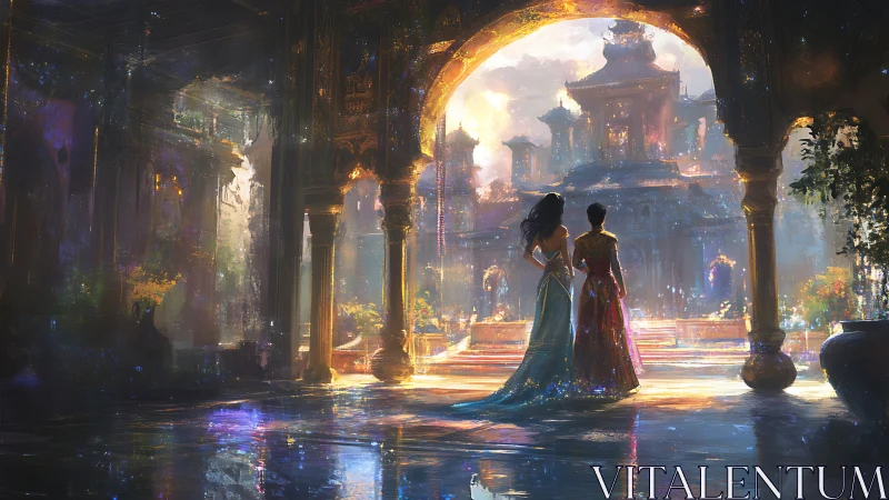 Luminescent royals overlooking iridescent palace cityscape.