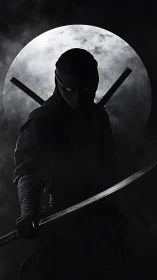 Stealthy ninja silhouette with katana under full moon.