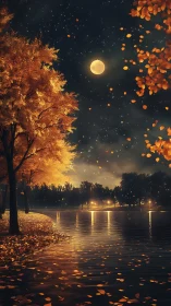 Autumn lakeside under full moon with falling foliage at night
