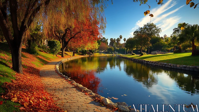 Photorealistic autumn park lagoon with curving stone pathway.