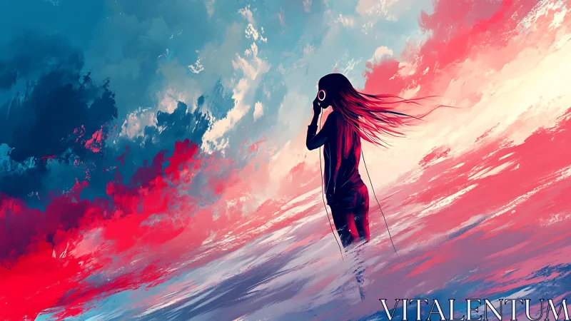 Headphoned dreamer strolls through a tidal sky of music