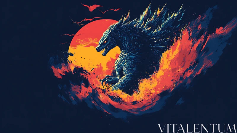 Colossal reptile silhouette ignites molten sunset horizon.