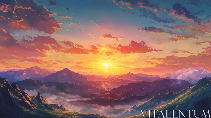 Radiant sunrise bathes layered mountain ridges in vivid color
