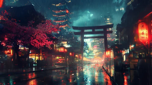 Neon torii gate in rain-soaked cyberpunk night street scene.