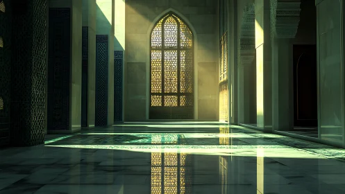Islamic hall interior with patterned light on marble floor.