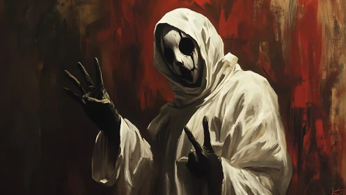 Hooded skull figure posing against smeared crimson background.