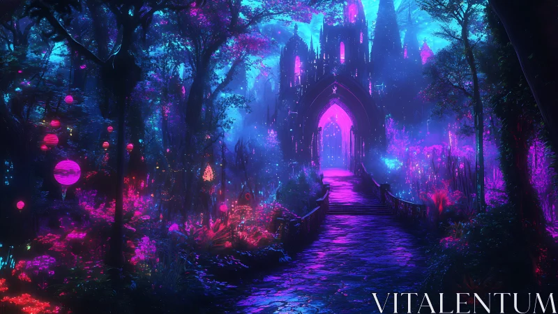 Neon forest path leads toward glowing gothic crystal citadel