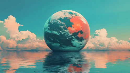 Surreal pastel planet sphere mirrored on tranquil sea horizon.