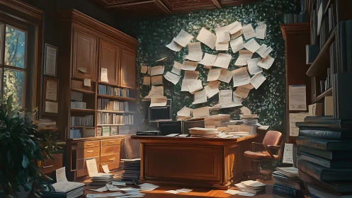 Cozy sunlit study overflowing with notes, books, and ideas.