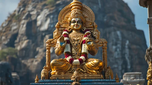 Golden mountain deity radiates serene power in open sky.