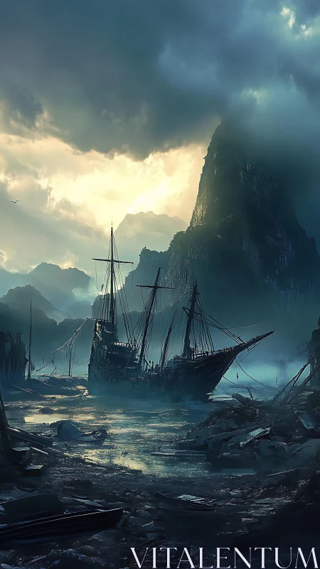 Storm-lit ghost galleon waits in a drowned, misty cove