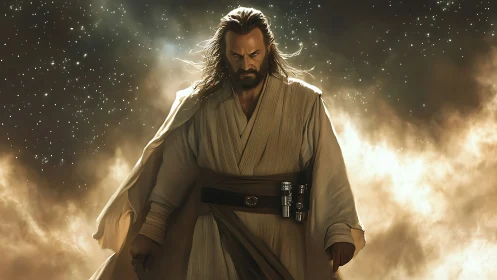 Robe-wearing male figure stands amid illuminated space dust