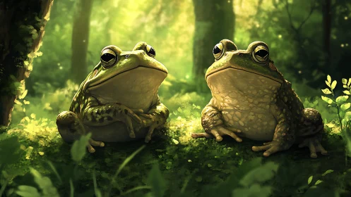 Sunlit forest frogs sharing a quiet mossy morning together.
