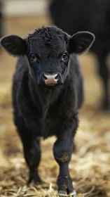 Black calf strides forward over straw in soft farm light.
