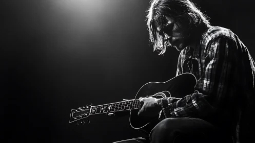 Solitary guitarist in moody black and white studio light.
