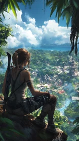 Armed jungle surveyor overlooking riverine cliffside settlement.