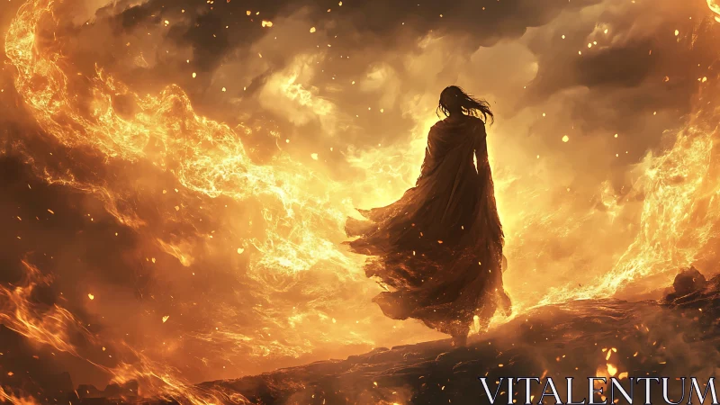 Solitary Figure Stands Amid Inferno of Golden Flame