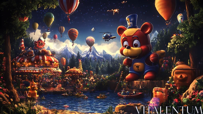 Gigantic toy bear overlooks luminous alpine fantasy carnival