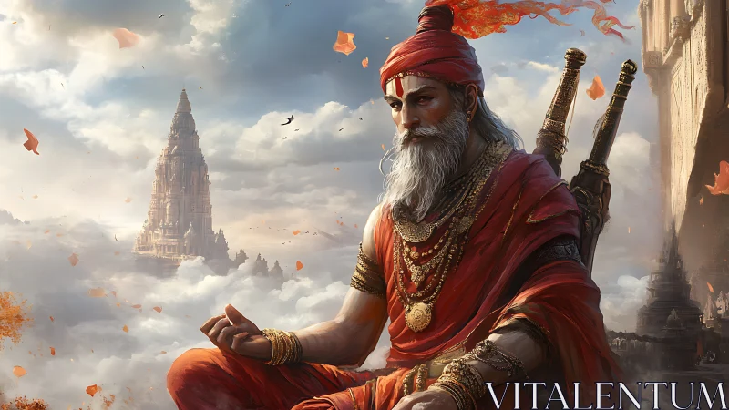 Meditating warrior sage in detailed temple cloudscape composition