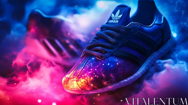 Cosmic runner sneaker drifting through neon vapor clouds.