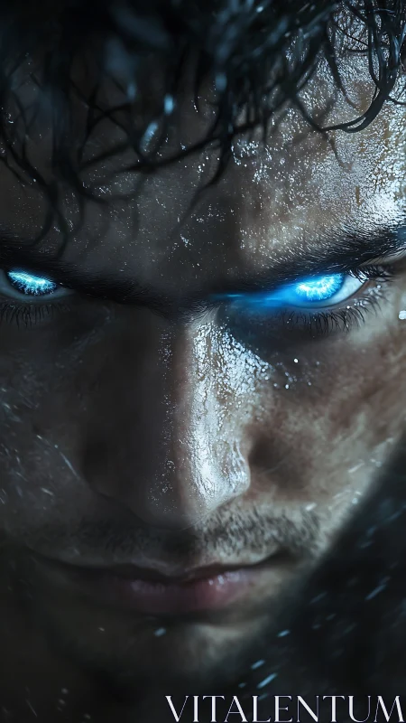 Intense wet male face with glowing blue supernatural eyes.