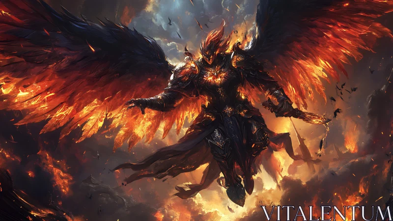 Blazing winged warlord descending through volcanic skies.