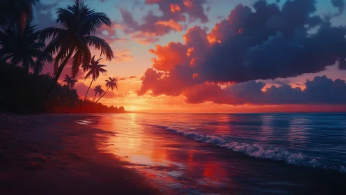 Tropical shoreline at sunset rendered in saturated digital color