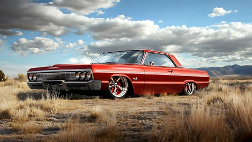 Photorealistic classic lowrider coupe in arid grassland setting.