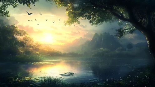 Dawn chorus over spell-soft river in emerald forest hush.