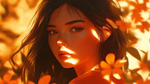Soft portrait of woman in orange floral sunlight glow.