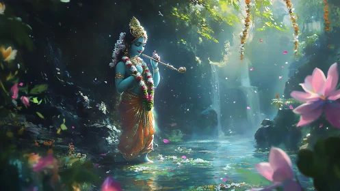 Divine blue figure with flute beside luminous forest stream.