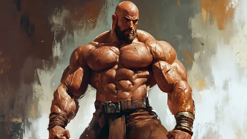 Muscular bald warrior stands in powerful front pose.