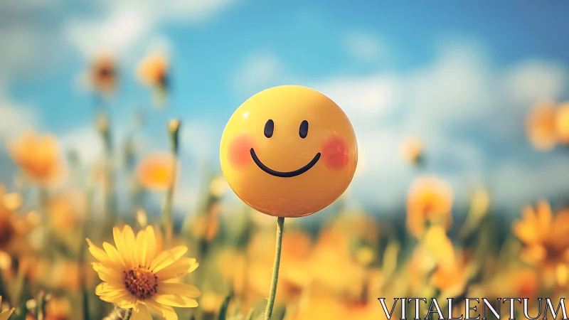 Yellow smiley face balloon above yellow flowers field.