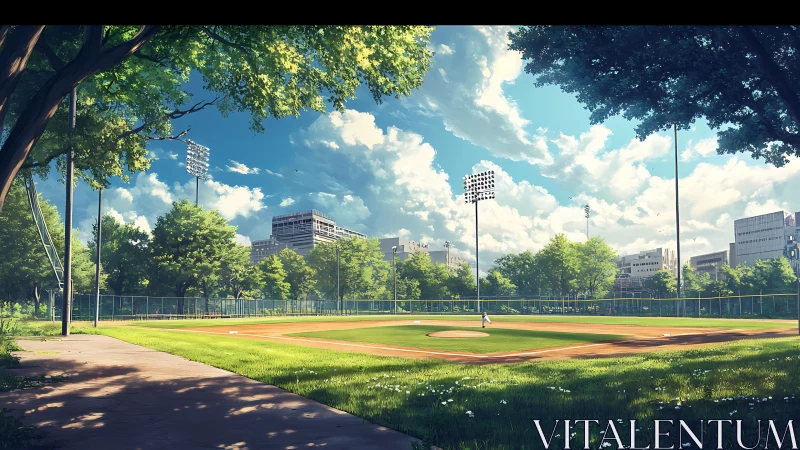Sunlit city baseball field rests quietly under vivid skies