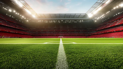 High-capacity football stadium with symmetric pitch and LED lighting