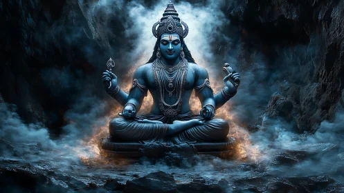 Digital blue deity statue seated amid dense cave mist