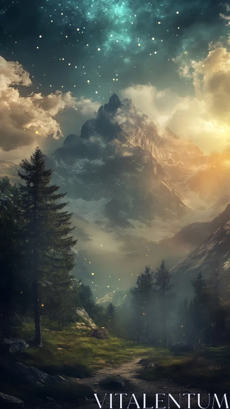 Mountain valley path under dense stars and scattered clouds.