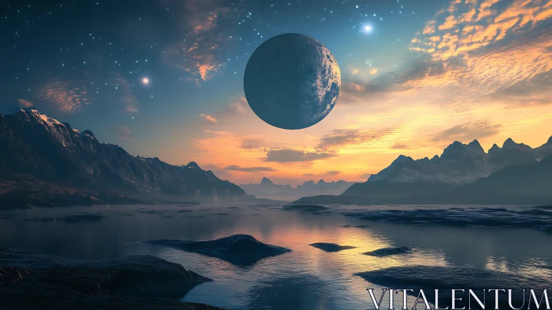 Distant planet above coastal mountains at twilight sky.