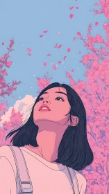 Youthful portrait beneath drifting sakura petals in spring.