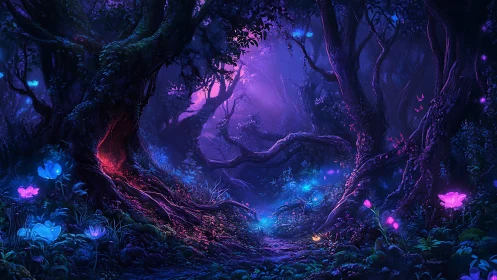 Bioluminescent Forest Cavern with Glowing Flora.