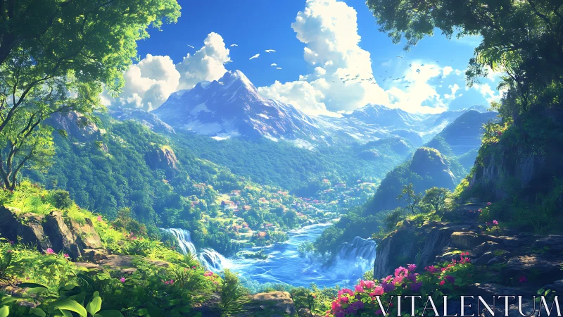 Lush river valley with waterfalls and distant snowy peaks.