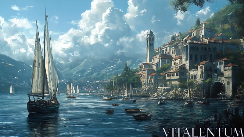 Sunlit harbor town with sailing boats under dramatic cumulus sky