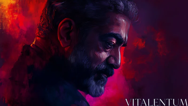 Pensive elder in neon reds and violets contemplates quietly.