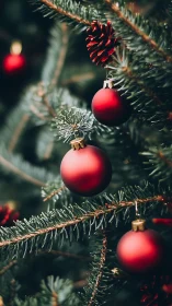 Red matte baubles on evergreen branches with soft bokeh glow.