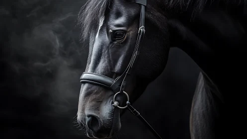 Black horse head in profile with bridle on dark background.