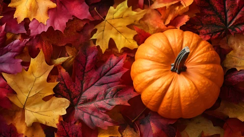 Pumpkin glow nestles into a storm of scarlet autumn leaves.