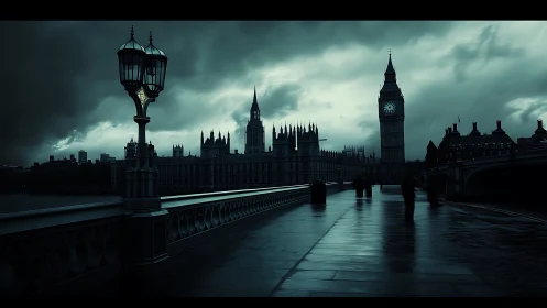 Nocturnal Westminster bridge under stormlit teal skies.