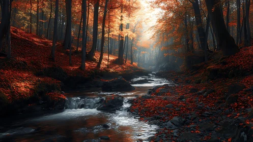 Autumn Forest Stream Illuminated by Golden Sunlight