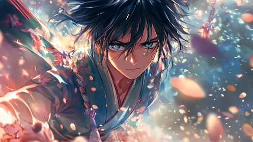 Male figure in dynamic kimono pose amid drifting petals